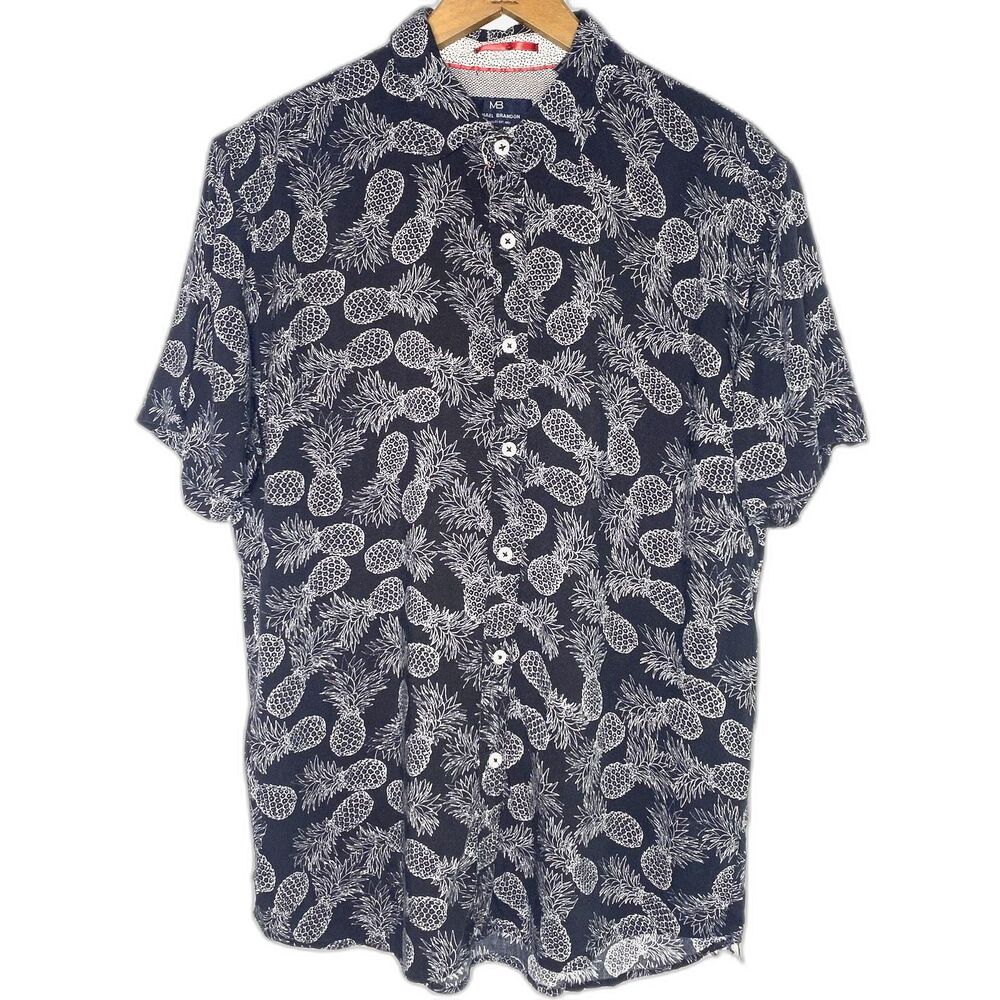 Michael Brandon Slim Fit Shirt Mens L Button Front Pineapples Short Sleeve Blue